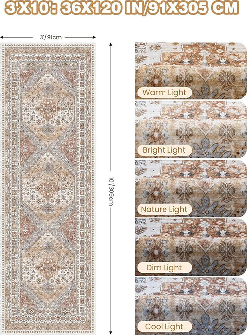 3x10 Runner Rug Non Slip Washable for Entryway, Front Porch, Vintage Hallway Runner for Laundry Room, Bedroom, Stain Resistant Thin Indoor Kitchen Mats for Floor(Orange,3'x10')