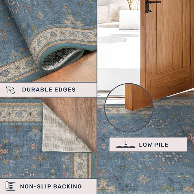 Hazo Haus Boho 2x6 Non Slip Kitchen Rug Runner - Light Blue Washable Rug for Bathroom, Laundry Room, Hallway, Non Slip with Rubber Backing, Floral Eclectic Unique Runner Décor