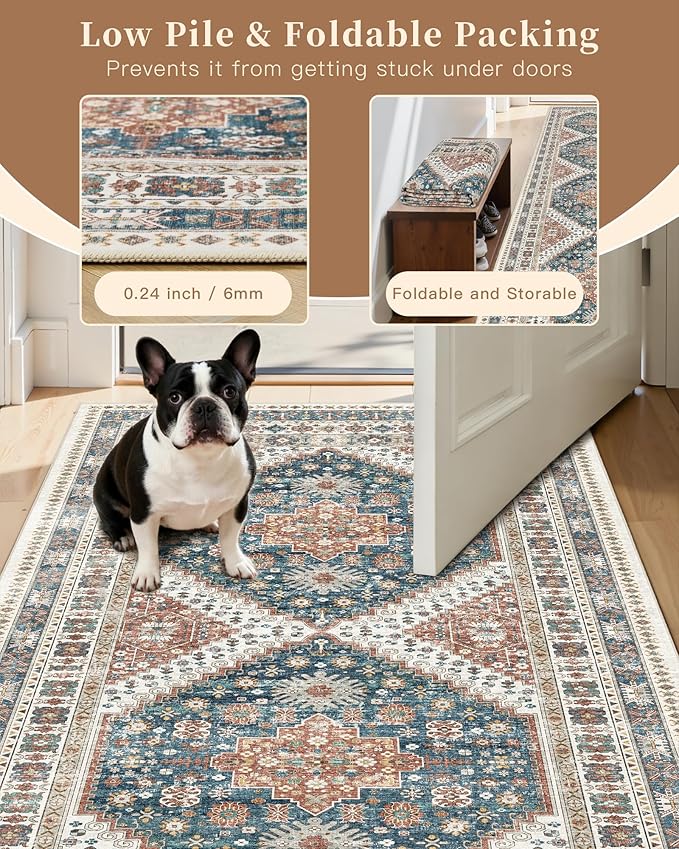 Madane 5x7 Area Rugs for Living Room, Stain Resistant Washable Rugs, Non-Slip Backing Area Rug, Vintage Home Decor Rug for Bedroom (Navy Blue, 5'x7')
