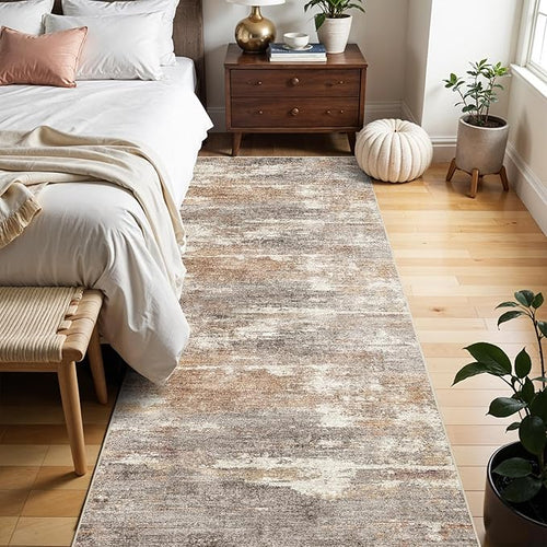 2x6 Washable Kitchen Runner Rug: Modern Abstract Runners for Hallway Soft Non Slip Rugs with Rubber Backing Low Pile Thin Floor Carpet for Entryway Bedroom Bathroom Bedside Indoor(Brown/Brick,2x6)