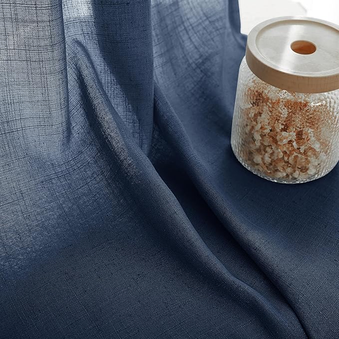 Navy Blue Curtains 80 inch Length for Bedroom Back Tab Light Filtering Semi Sheer Blue Living Room Curtains Linen Cotton Textured Indigo Blue Drapery Panel Modern Farmhouse Aesthetic Decor Dark Blue