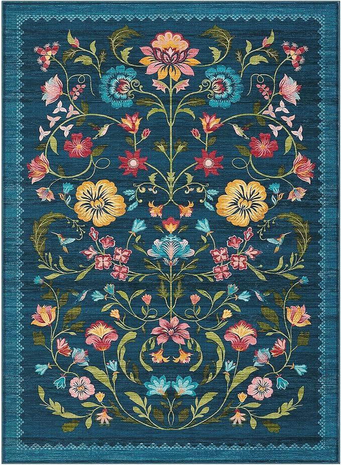 GarveeHome Washable Rug 3x5 Area Rugs for Living Room, Floral Rug for Bedroom, Soft Boho Non Slip Throw Rugs with Rubber Back, Low Pile Stain Resistant Vintage Floral Carpet for Dining Room, Blue