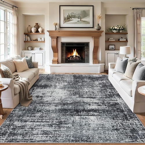 Area Rugs 10x12 Living Room - Washable Rug Modern Abstract Soft Large Neutral Non-Slip Carpet Indoor Floor Thin Carpets for Bedroom Dining Room Farmhouse Nursery Home Office Dark Black