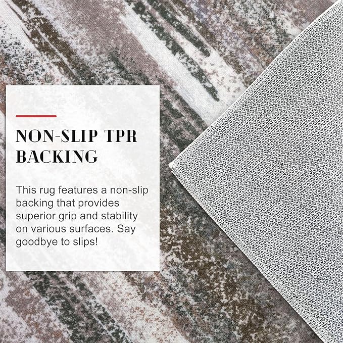 Lansny Modern Abstract 4x6 Living Room Washable Rug Non-Slip Soft Bedroom Area Rug Dark Light Brown White Thin Print Faux Wool Floor Carpet Throw Rugs for Nursery Playroom Dining Room Indoor Office