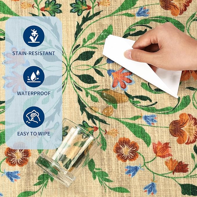 GarveeHome Washable Rug 3x5 Area Rugs for Living Room, Floral Rug for Bedroom, Soft Boho Non Slip Throw Rugs with Rubber Back, Low Pile Stain Resistant Vintage Floral Carpet for Dining Room, Beige