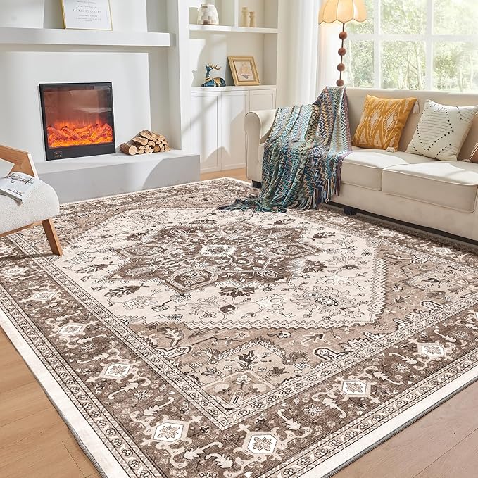 OPPODREAM Soft Area Rugs 5x7, 5x7 Washable Rug with Non Slip Backing, 5 x 7 Faux Cashmere Low-Pile Carpet, Khaki