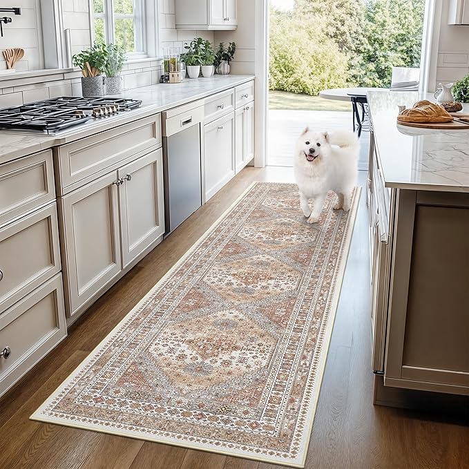 3x16 Runner Rug for Hallway, Non-Slip Long Kitchen Mats for Floor, Vintage Washable Rug for Entryway, Soft Hallway Runner for Dining Room, Bedroom, Living Room(Orange,3'x16')