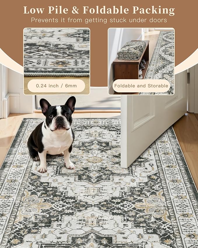 Madane Washable Rug 8x10 Area Rugs for Living Room, Ultra-Thin Non-Slip Backing Rug, Stain Resistant Vintage Large Area Rug for Bedroom (Black, 8'x10')