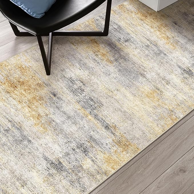 4x10 Washable Kitchen Runner Rug: Modern Abstract Wide Runners for Hallway Soft Non Slip Rugs with Rubber Backing Low Pile Thin Carpet for Entryway Bedroom Bathroom Laundry Indoor(Grey/Yellow,4x10)