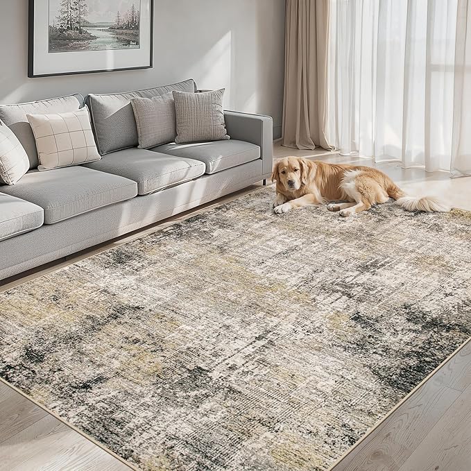 Area Rugs 10x12 Living Room - Washable Rug Modern Abstract Soft Large Neutral Non-Slip Carpet Indoor Floor Thin Carpets for Bedroom Dining Room Farmhouse Nursery Home Office Brown Black Grey