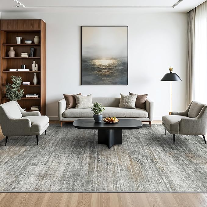 BEIMO Area Rugs 10x14 for Living Room Bedroom, Modern Abstract Machine Washable Rug, Large Soft Low Pile Floor Cover with Non Slip Backing for Dining Room, Ash Gray Brown
