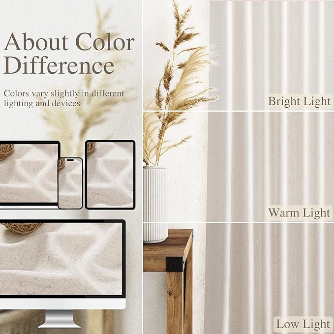 Nanspring Beige Linen Curtains 63 inches Long for Bedroom Back Tab Sheer Beige Curtains Modern Farmhouse Coastal Decor Cotton Textured Gauze Curtain for Bathroom 2 Panel Set 38x63