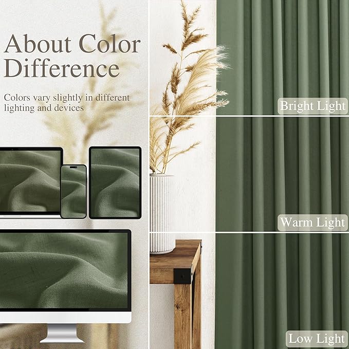 Olive Green Linen Curtains 60 Inch Length 2 Panel Set Back Tab Rod Pocket Semi Sheer Light Filtering Short Curtain Farmhosue Country Style Bay Window for Living Room Bedroom 52x60