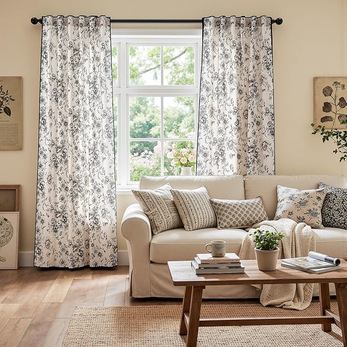 jinchan Linen Blend Floral Curtains French Country Curtain for Living Room 90 Inch Length Black Printed Curtain Rod Pocket Back Tab Farmhouse Peony Flower Patterned Drapes Window Curtains Set 2 Panels