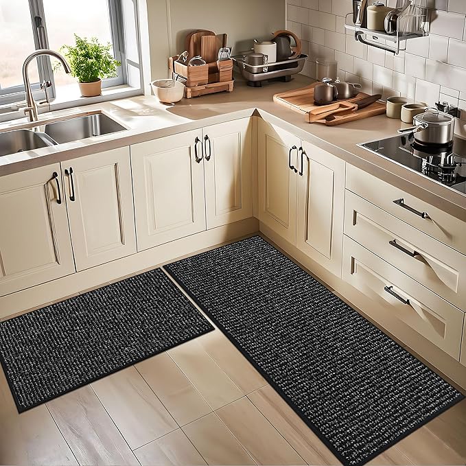BEQHAUSE Kitchen Rugs and Mats 2PCS, Non-Slip Kitchen Mats for Floor, Absorbent and Stain Resistant Kitchen Runner, Machine Washable Rugs for Kitchen, Laundry & Sink, 20"x32"+20"x48", Black
