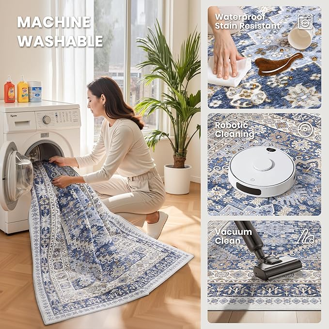 zesthome 2x3 Entryway Rug, Soft Washable Rugs, Non Slip Area Rug, Stain Resistant Low Pile Rugs for Bedroom, Vintage Rug for Door Mat, Kitchen (Blue/Beige,2'x3')