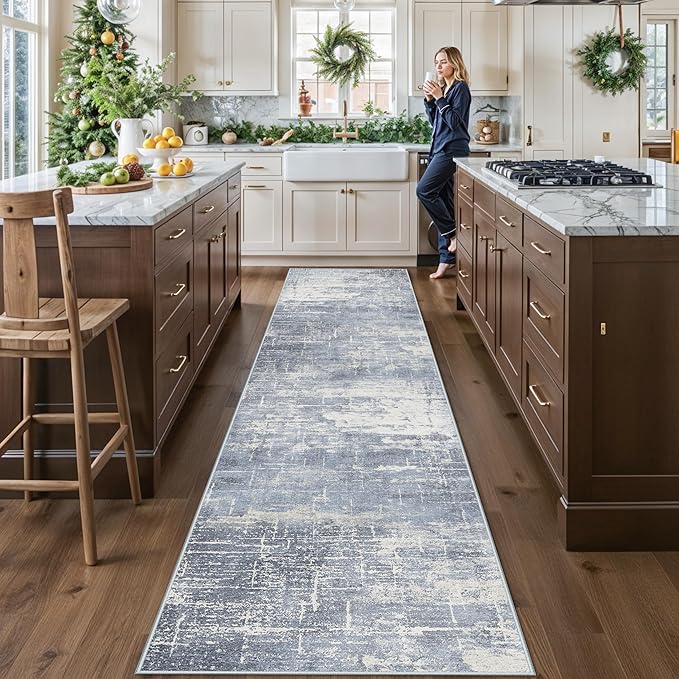 Washable 12ft Hallway Runner Rug: Non-Slip 2'6x12 Kitchen Rugs Low-Pile Entryway Rug Runner Abstract Soft Bedroom Floor Mat Farmhouse Carpet for Bathroom Living Room Dining Room(2'6x12,Blue/Ivory)