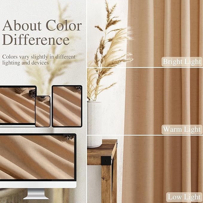 Extra Long Camel Linen Curtain 108 Inches Long 2 Panels Set Back Tab Drapes for Living Room Lively Farmhouse Light Filtering Semi Sheer Linen Curtains 108 Inch Length for Large Window 52x108