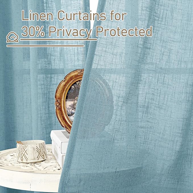 LAMIT Stone Blue Linen Curtains 45 Inch Length 2 Panels, Light Filtering Panels Back Tab and Rod Pocket Country Decor Drapes for Kitchen/Window/Loft Room/Bedroom, 34 x 45 Inch