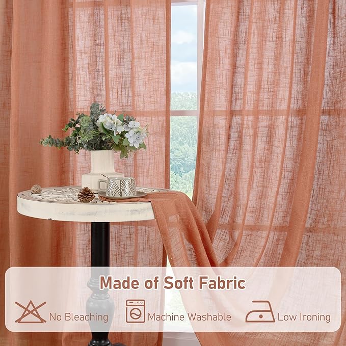 LAMIT 63 Inch Semi Sheer Linen Curtains, Light Filtering Panels Back Tab and Rod Pocket Fall Decor Drapes for Bedroom/Living Room, Terracotta, 2 Panels, 34 x 63 Inch