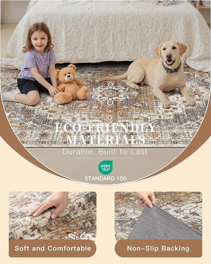 Madane Hallway Runner Rug 4x8 Wide: Washable Thin Runners for Hallways Entry, Non Slip Soft Vintage Kitchen Rugs Low Pile Carpet Runners for Living Room Bedroom Dining Room Foyer (Turmeric/Grey,4x8)