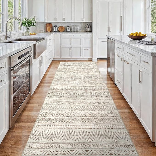 3x15 Washable Kitchen Runner Rug: Modern Moroccan Runners for Hallway Soft Non Slip Rugs with Rubber Backing Low Pile Thin Waterproof Floor Carpet for Entryway Bedroom Bathroom Indoor 3x15 Beige