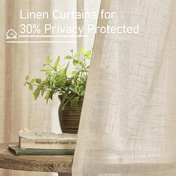 LAMIT Natural Linen Curtains 95 Inch for Living Room, Back Tab and Rod Pocket Linen Textured Semi Sheer Curtains Light Filtering Drapes for Bedroom/French Door, Set of 2, 52 x 95 Inch, Linen
