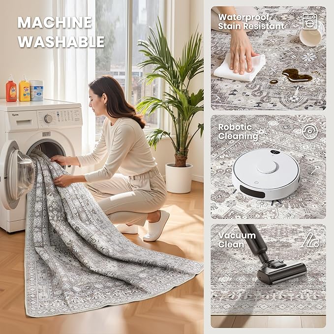 zesthome 4x6 Rug - Stain Resistant Washable Rug, Anti Slip Backing Rugs for Living Room, Foldable Vintage Small Area Rugs (Brown/Beige,4'x6')