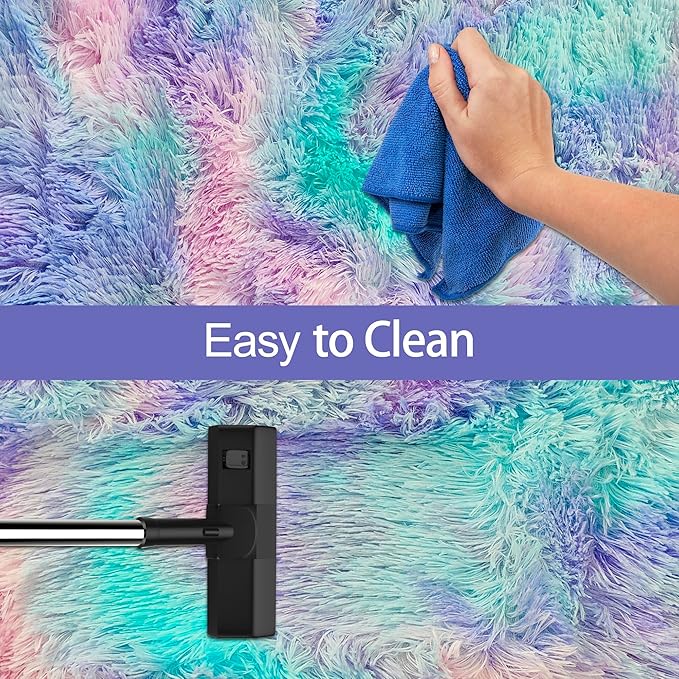 Super Soft Fluffy Living Room Area Rug 2x6 ft Purple Rainbow Tie-Dyed Shaggy Furry Carpet Washable Non-Slip Carpets Bedroom Bedside Nursery Rug Cute Colorful Room Decor for Girls