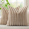 decorUhome Cozy Faux Fur Throw Pillow Covers 18x18 Set of 2 Decorative Soft Plush Striped Modern Farmhouse Boho Couch Pillow Cases with Velvet Back for Sofa Bed Living Room, Khaki Brown