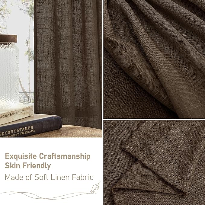LAMIT Brown Linen Curtains for Living Room 84 inch Length 2 Panels, Light Filtering Semi Sheer Drapes Back Tab and Rod Pocket Farmhouse Panels for Bedroom/Sliding Glass Door, Dark Brown, 52 x 84 Inch