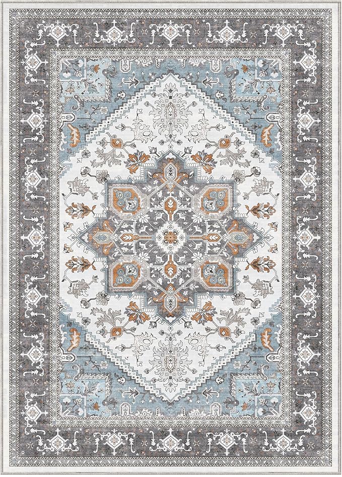 OPPODREAM Soft 6x9 Area Rugs, Washable Rug 6x9 with Non Slip Backing, Faux Cashmere Low-Pile 6 x 9 Carpet, Grey & Teal & Yellow