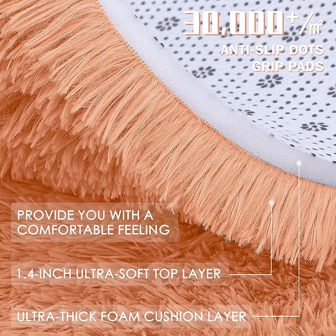 OLANLY Muted Orange Round Rugs for Bedroom - Machine Washable, 2 ft Circle Area Rugs for Living Room, Soft and Fluffy Shaggy Carpet for Teen Girl and Boys, Nursery Rooms, Dorms, Home Decor Aesthetic