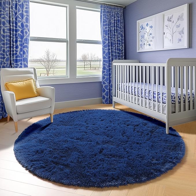 ONASAR Navy Blue Round Rugs 6ft for Living Room Bedroom, Fluffy Circle Area Rug for Kids Girls Boys Teen, Soft Plush Shaggy Carpet for Nursery Dorm Classroom Playroom Home Decor Aesthetic
