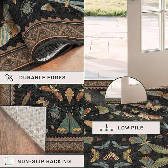 3x8 Green and Black Wide Hallway Runner Rugs - 8ft Washable Kitchen Floor Mats Non Slip, Floral & Insect Pattern Rug for Entryway, Vintage Stain Resistant Indoor Décor
