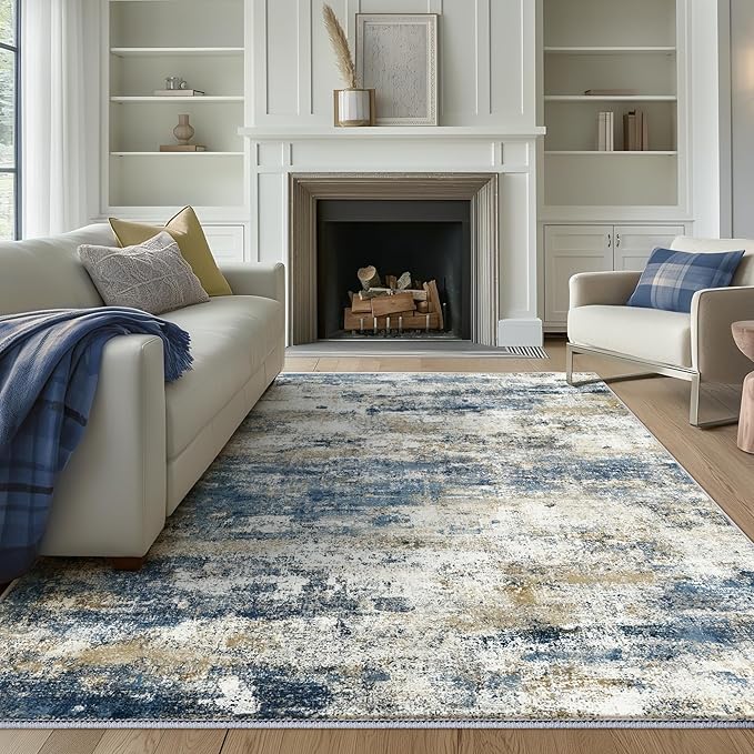 BEIMO Machine Washable Rug 8x10 Area Rugs for Living Room Bedroom, Large Navy Blue Beige Abstract Area Rug Soft Throw Rugs, Low-Pile Floor Carpet with Non Slip Rubber Backing