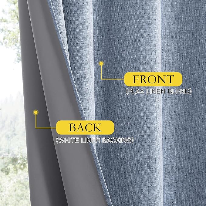 NICETOWN Stone Blue Vintage Linen 100% Blackout Curtains for Living Room, Thermal Insulated Curtains 108“ Long, Noise Reducing Window Treatment Drapes for Home Office, 62" Wide Per Panel, Set of 2