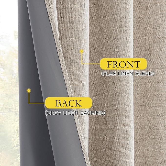 NICETOWN Oatmeal Thick Linen Blend 100% Blackout Curtains 63" Long 2 Panels Set for Bedroom, 42" Wide, Rustic Grommet Thermal Insulated Flax Textured Full Blackout Window Draperies with Grey Liners