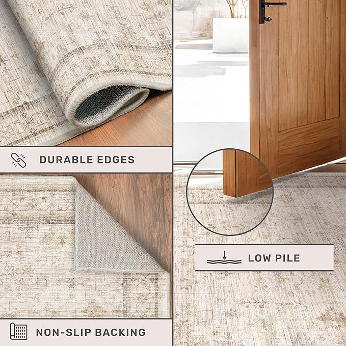 Hazo Haus Washable Ivory Living Room Rug, 8x10 Non Slip Area Rugs for Bedroom, Dinning Room Under Table Low Pile Neutral Farmhouse Vintage Foldable Decor
