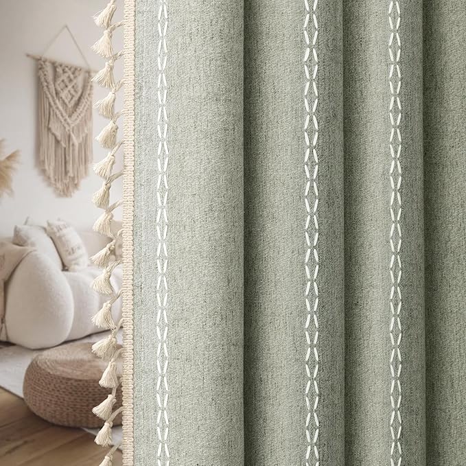 Boho Blackout Curtains 72 Inches Long Sage Green Linen Blend 2 Panels with Tassels and Cotton Embroidery, Farmhouse Vintage Rustic Rod Pocket Drapes for Living Room or Bedroom