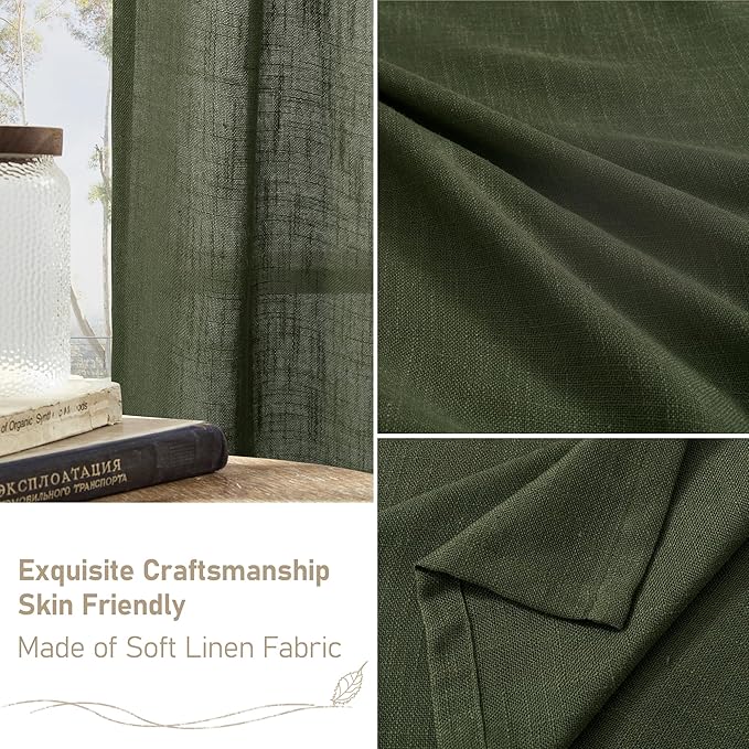 LAMIT Semi Sheer Short Linen Curtains 36 Inch Length 2 Panels, Light Filtering Panels Back Tab and Rod Pocket Neutral Drapes for Kitchen/Loft Room, Olive Green, 25 x 36 Inch