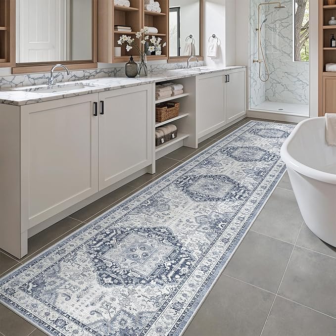 Madane Hallway Washable Runner Rug - 2x10 Kitchen Rugs Entryway Rug Runner Vintage Soft Floor Mat Non Slip Indoor Farmhouse Carpet for Bathroom Living Room Bedroom (2 X 10, Navy/White)
