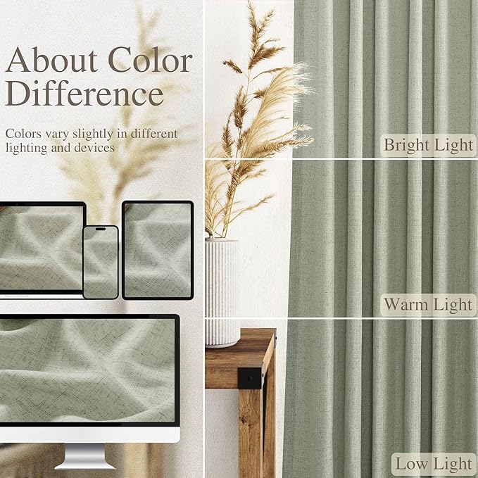 Nanspring Sage Green Curtains 80 Inches Length for Living Room Back Tab Rod Pocket Semi Sheer Linen Drapes Muted Neutral Boho Pale Green Linen Textured Window Curtain for Dining Room 52X80 Inch