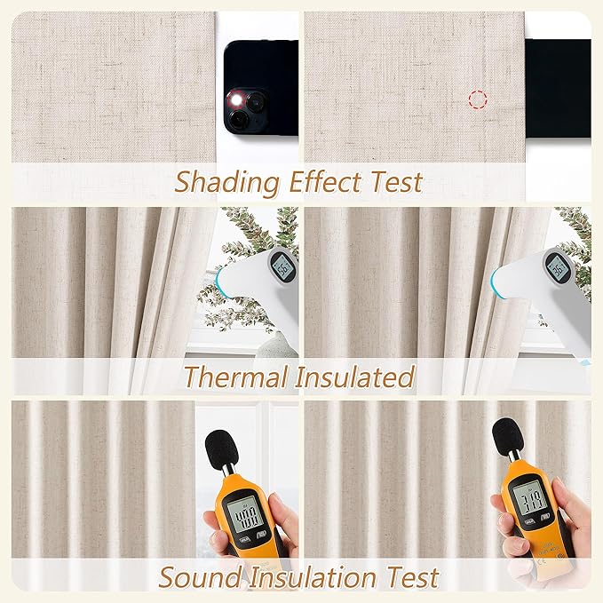 Guken 100% Blackout Linen Curtains 132 Inch Length 2 Panels Set for Living Room Bedroom Back Tab Thermal Insulated Black Out Drapes Room Darkening Farmhouse Style for Bedroom Window Curtains 52x132