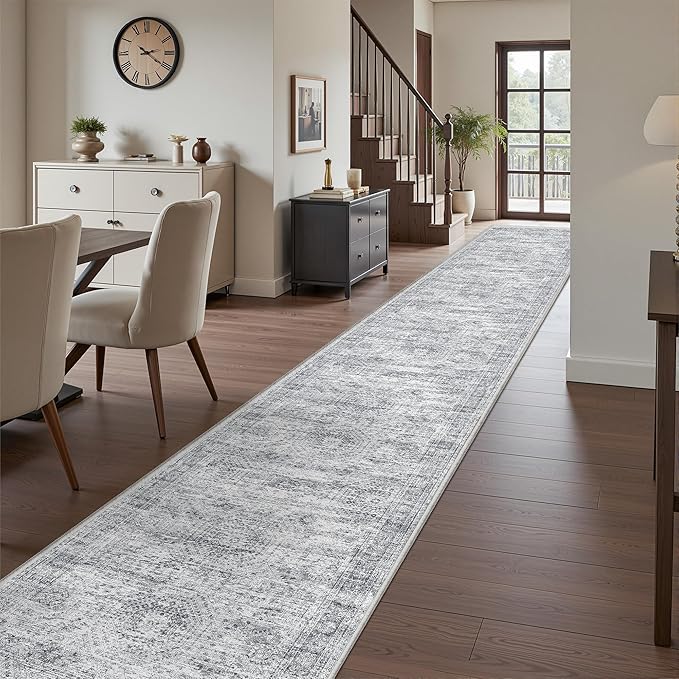Washable Runner Rug 2.5x16, Non-Slip Long Hallway Runner for Entryway, Soft Vintage Kitchen Mats for Floor, Abstract Dining Room, Bedroom, Living Room Rugs(2.5'x16', Grey/Ivory)