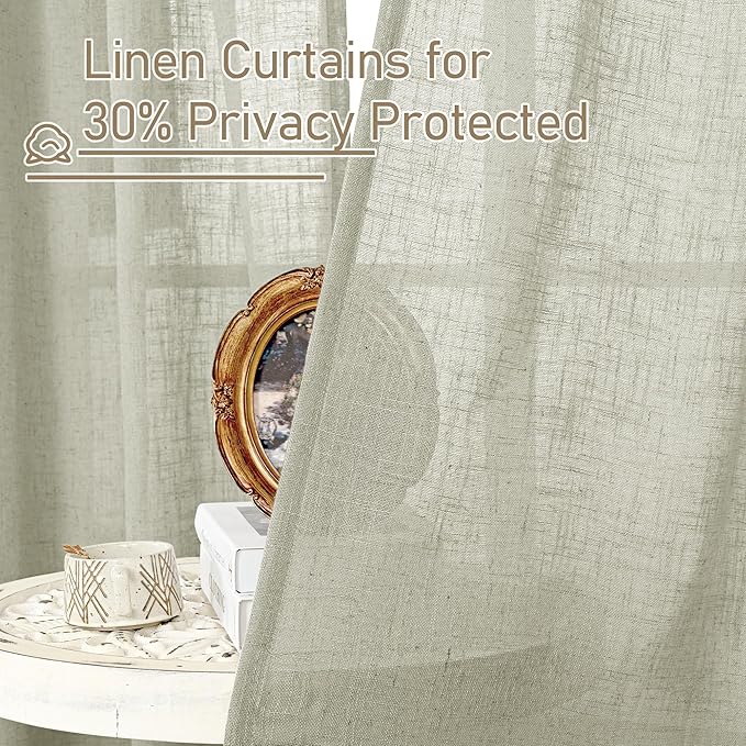 LAMIT Semi Sheer Linen Curtains 36 Inch Length 2 Panels, Light Filtering Panels Back Tab and Rod Pocket Neutral Drapes for Bathroom/Kitchen/Loft Room, Sage Grey, 34 x 36 Inch