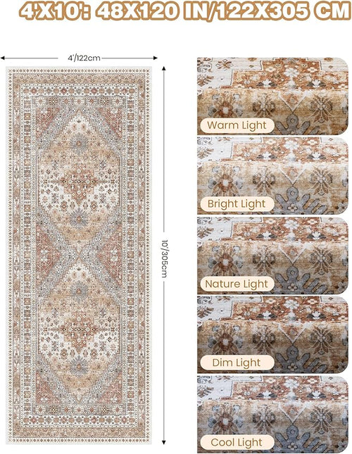 4x10 Runner Rug, Washable Hallway Runner Rug with Non-Slip Backing, Low Pile Wide Runner for Living Room, Entryway, Kitchen, Soft Vintage Home Decor Mat for Dining Room(Orange,4'x10')