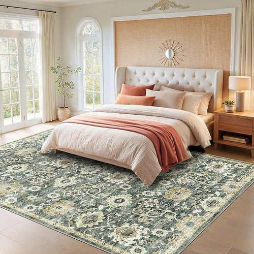 AMADA HOMEFURNISHING 10x14 Washable Area Rug, Low-Profile Large Area Rug with Non-Slip Backing & Durable Edge Binding, Vintage Large Rugs for Living Room, Bedroom & Dining Room