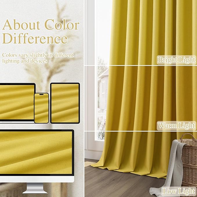 Guken 100% Blackout Curtains 108 Inch Length 2 Panels Set for Living Room Bedroom Back Tab Thermal Insulated Black Out Linen Drapes Room Darkening Celery Yellow,52x108