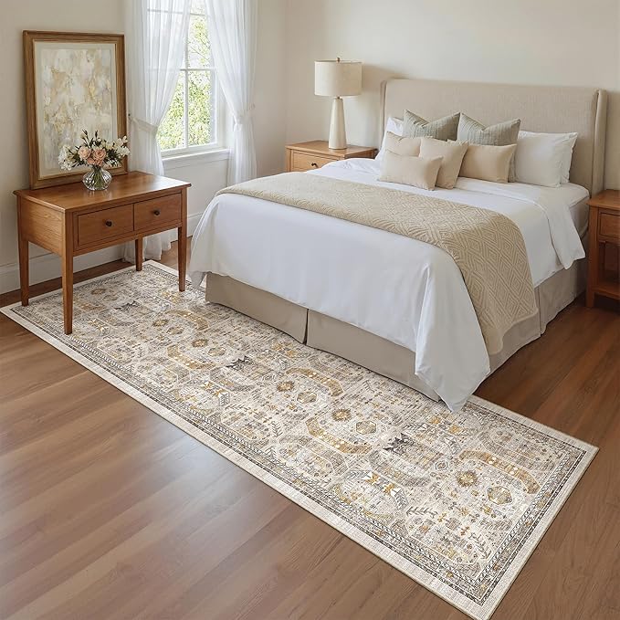 Madane Runner Rug 2x8, Washable Hallway Runner Rugs, Non-Slip Low-Pile Soft Kitchen Rug Runner Laundry Room Rug, Vintage Throw Entry Foyer Mat for Entrance Living Room (Brown/Gold, 2 x 8)